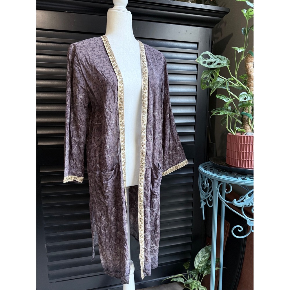 100% Silk Robe India Duster Kimono Neutral Mocha Taupe Large Pockets Embroidered